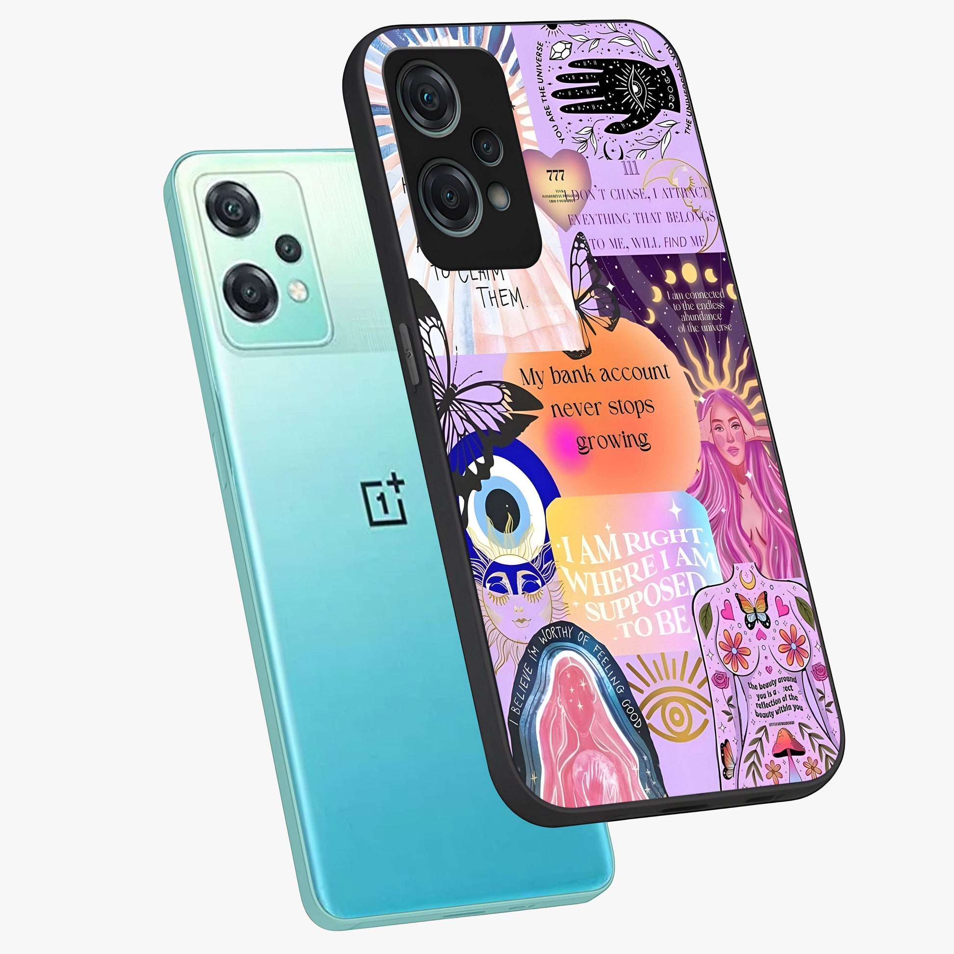 Manifestation Collage Glass Case for 1+Nord Ce 2 Lite angled mockup showcasing glossy finish and layered artistic textures