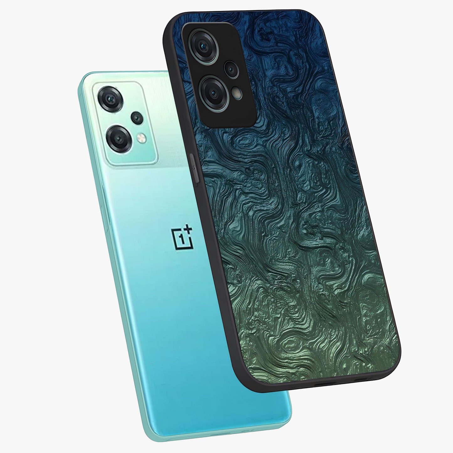 Marble Dream Blur Glass Case for 1+Nord Ce 2 Lite angled mockup showcasing glossy finish and smooth gradient tones