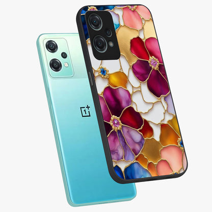 Marble Flower Pattern Glass Case for 1+Nord Ce 2 Lite angled mockup showcasing glossy finish and detailed bloom accents