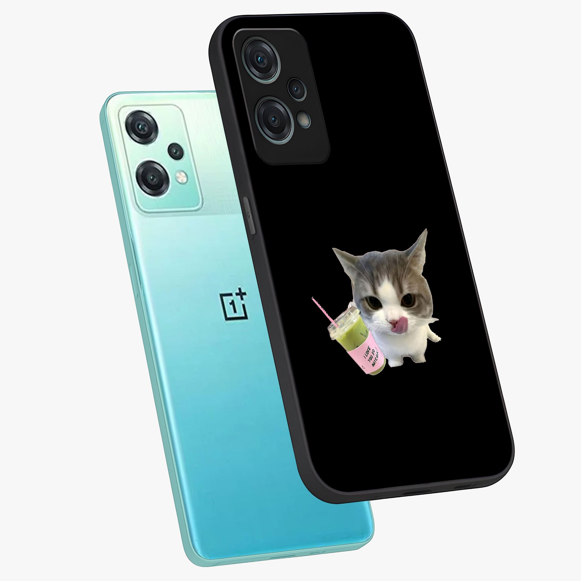Matcha Cat Style Glass Case for 1+Nord Ce 2 Lite angled mockup showcasing glossy glass finish and playful pastel detailing