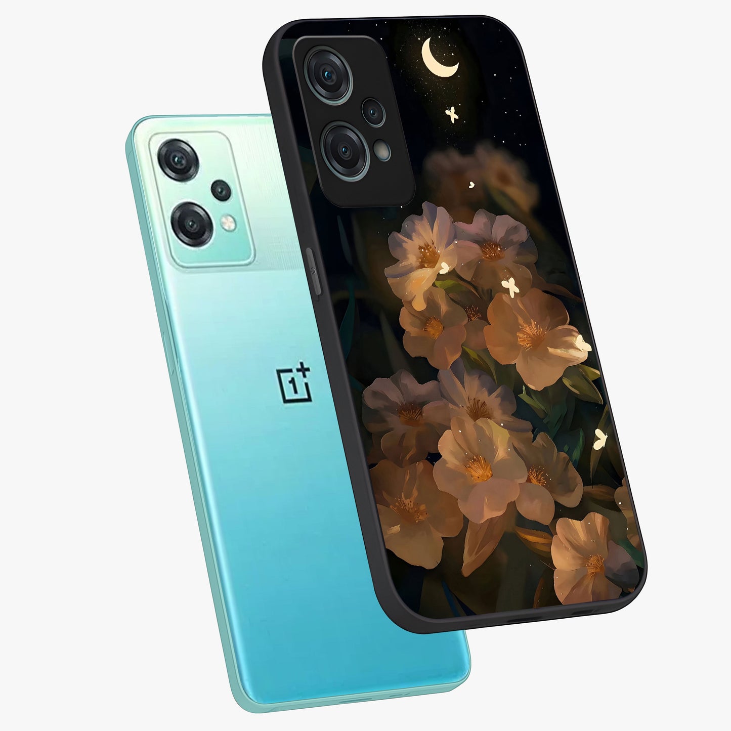 Midnight Bloom Trail Glass Case for 1+Nord Ce 2 Lite angled mockup showcasing glossy finish and luminous bloom accents