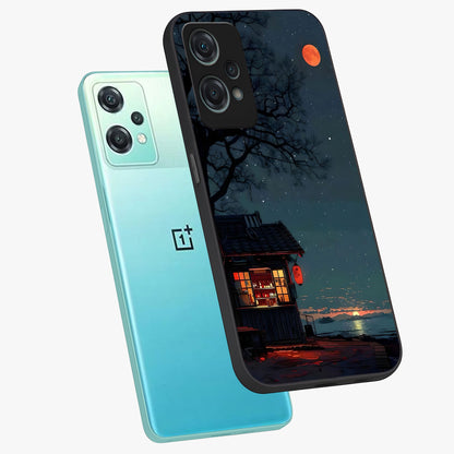 Midnight Lantern Glow Glass Case for 1+Nord Ce 2 Lite angled mockup showcasing glossy finish and warm luminous tones