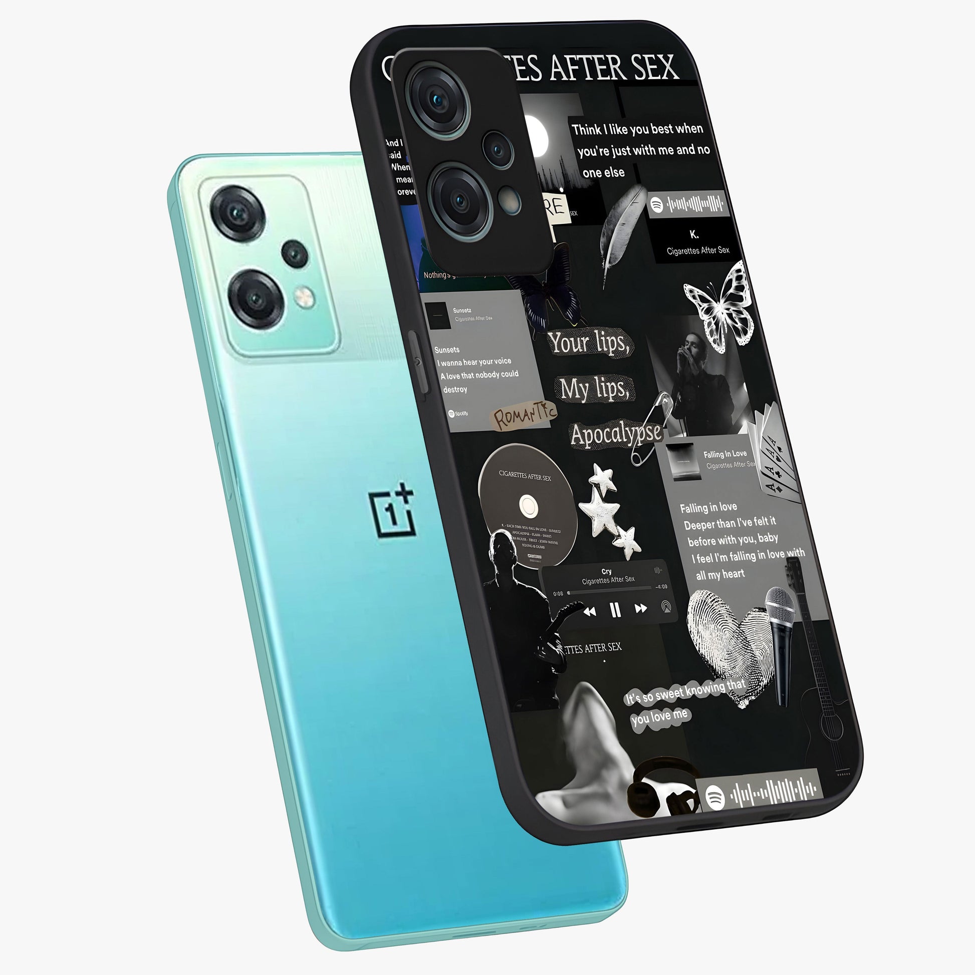 Midnight Love Glass Case for 1+Nord Ce 2 Lite angled mockup showcasing glossy finish and warm luminous tones