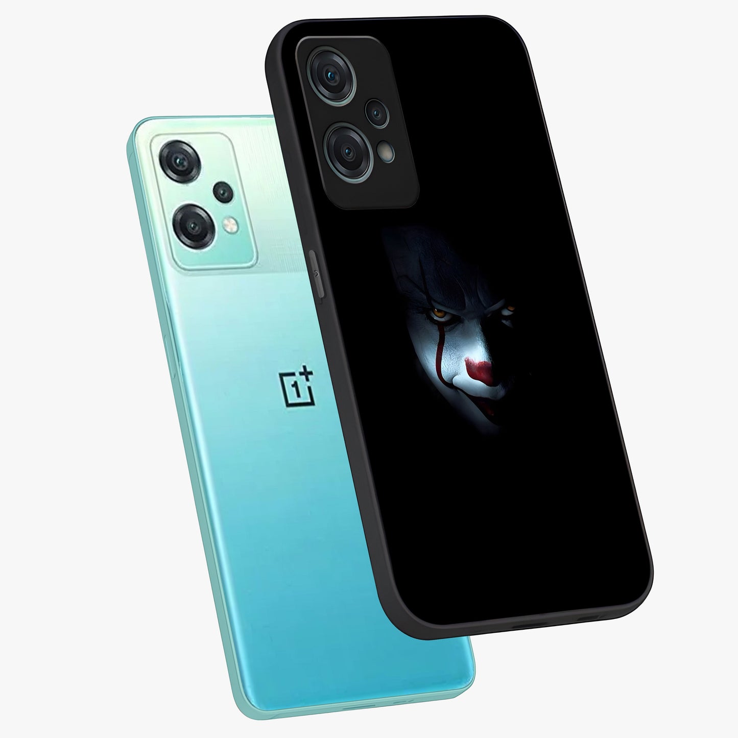 Midnight Madness Smile Glass Case for 1+Nord Ce 2 Lite angled mockup showcasing glossy finish and dramatic detailing
