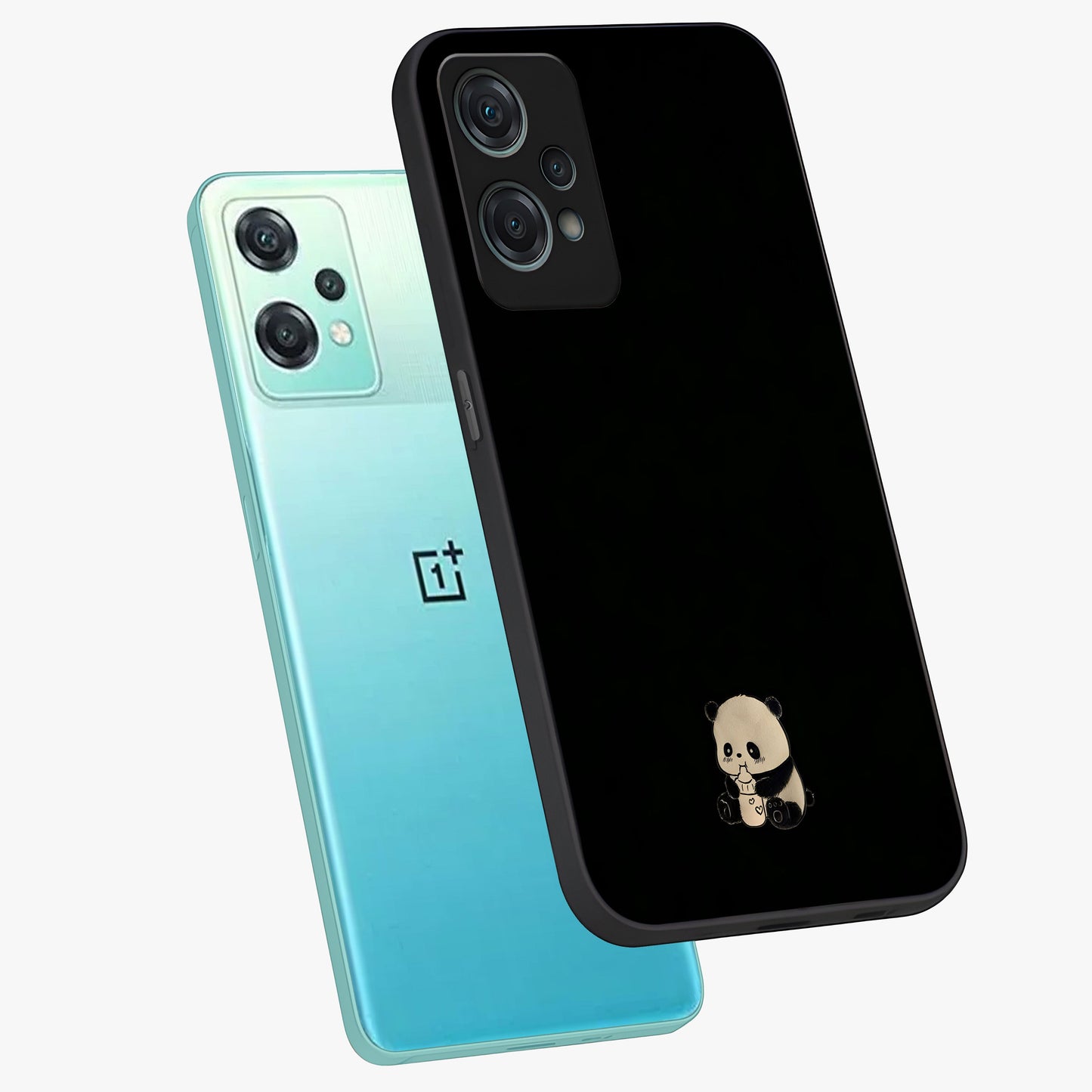 Midnight Panda Love Glass Case for 1+Nord Ce 2 Lite angled mockup showcasing glossy finish and soft contrast tones