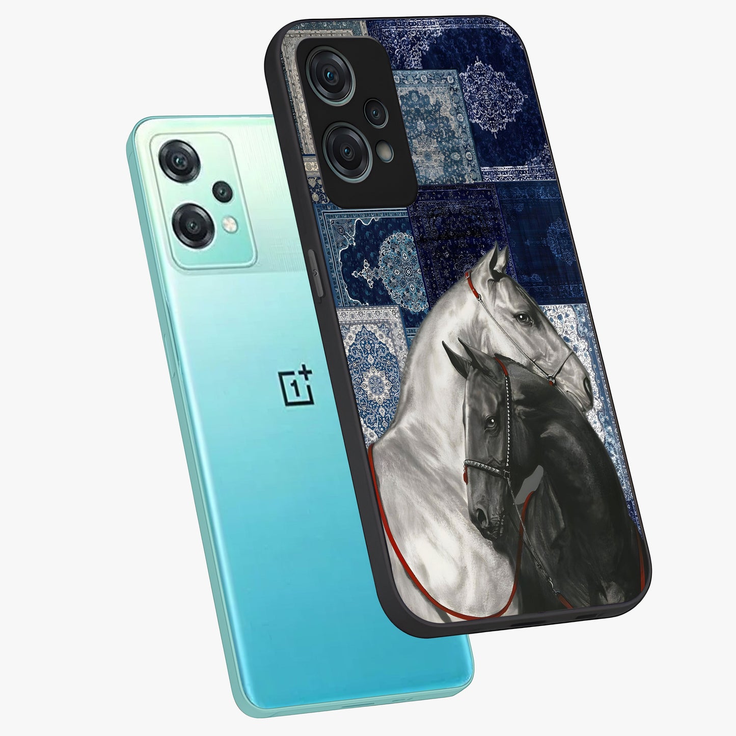 Midnight Stallion Blues Glass Case for 1+Nord Ce 2 Lite angled mockup showcasing glossy finish and dramatic equestrian detailing
