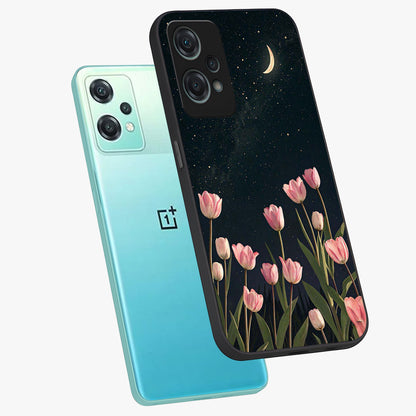 Midnight Tulip Whispers Vibe Glass Case for 1+Nord Ce 2 Lite angled mockup showcasing glossy finish and subtle bloom detailing