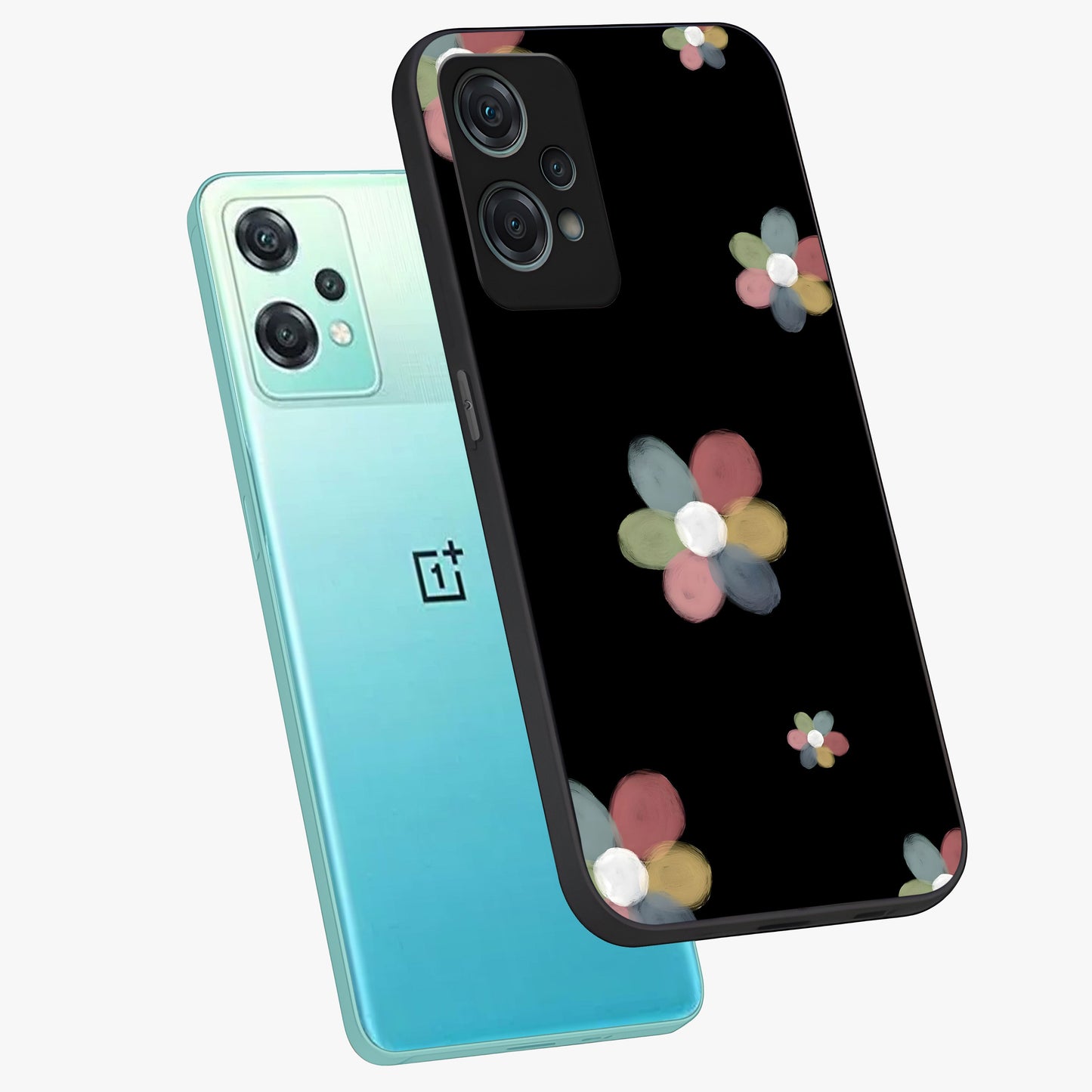 Minimal Floral Charm Glass Case for 1+Nord Ce 2 Lite angled mockup showcasing glossy finish and soft pastel tones