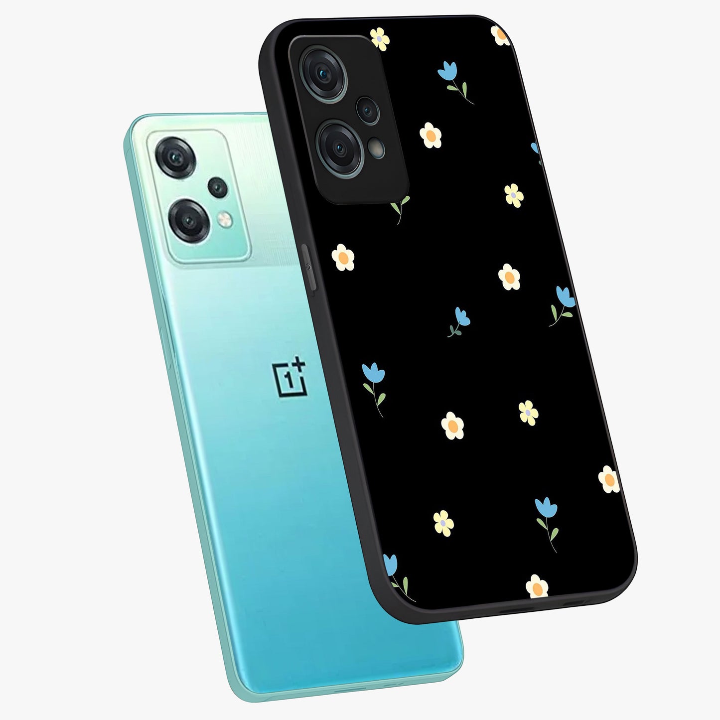 Minimalistic Blue With White Flower Pattern Glass Case for 1+Nord Ce 2 Lite angled mockup showcasing glossy finish and crisp clean detailing