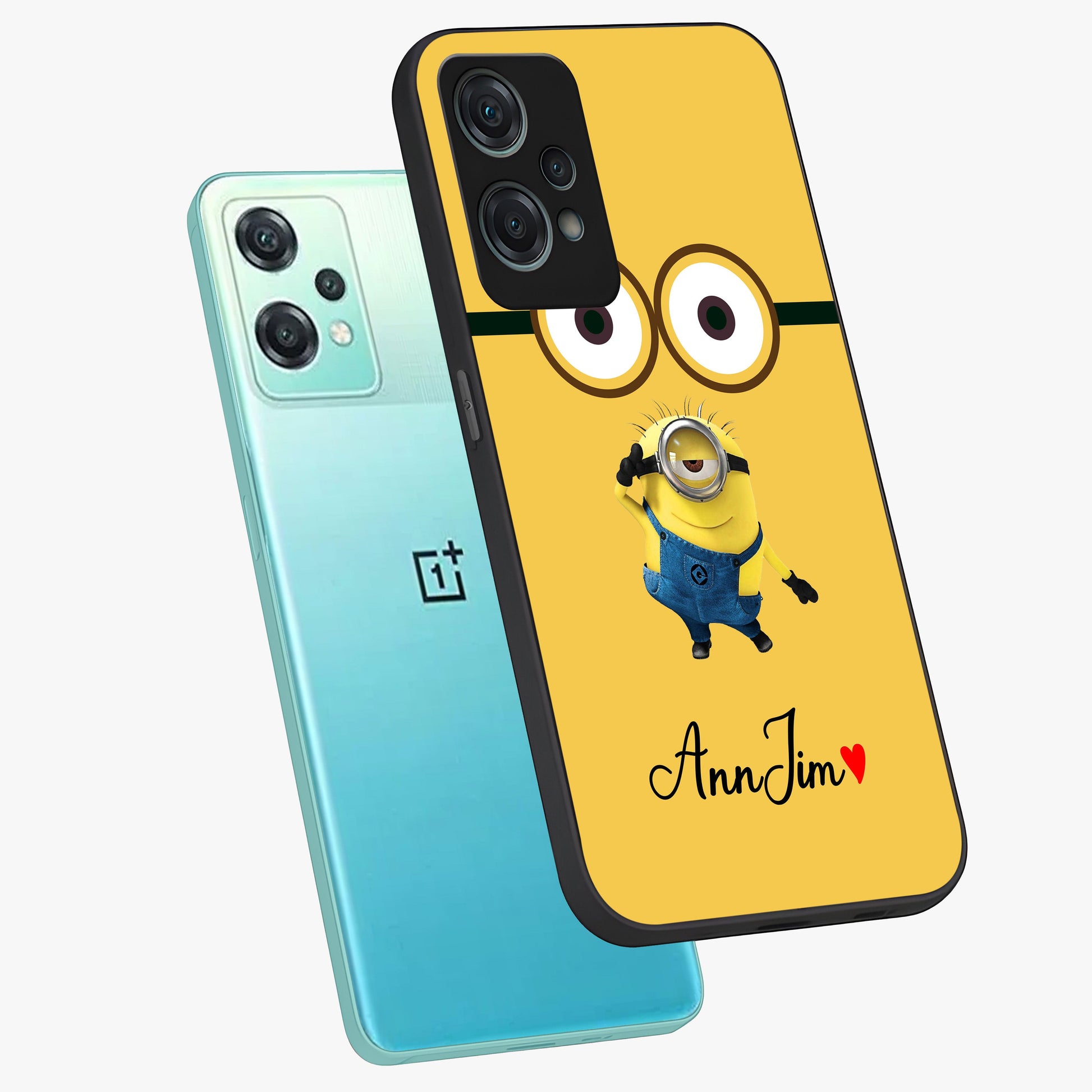 Minion Custom Name Glass Case for 1+Nord Ce 2 Lite angled mockup showcasing glossy finish and vibrant character detailing