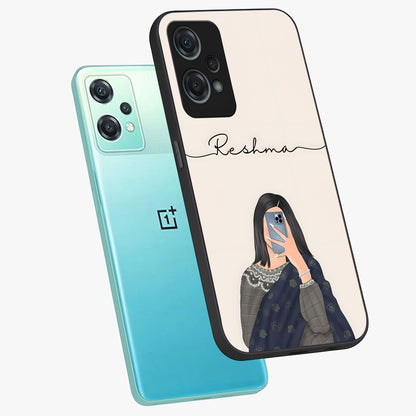 Mirror Mood Muse With Custom Name Glass Case for 1+Nord Ce 2 Lite angled mockup showcasing glossy finish and modern design tones
