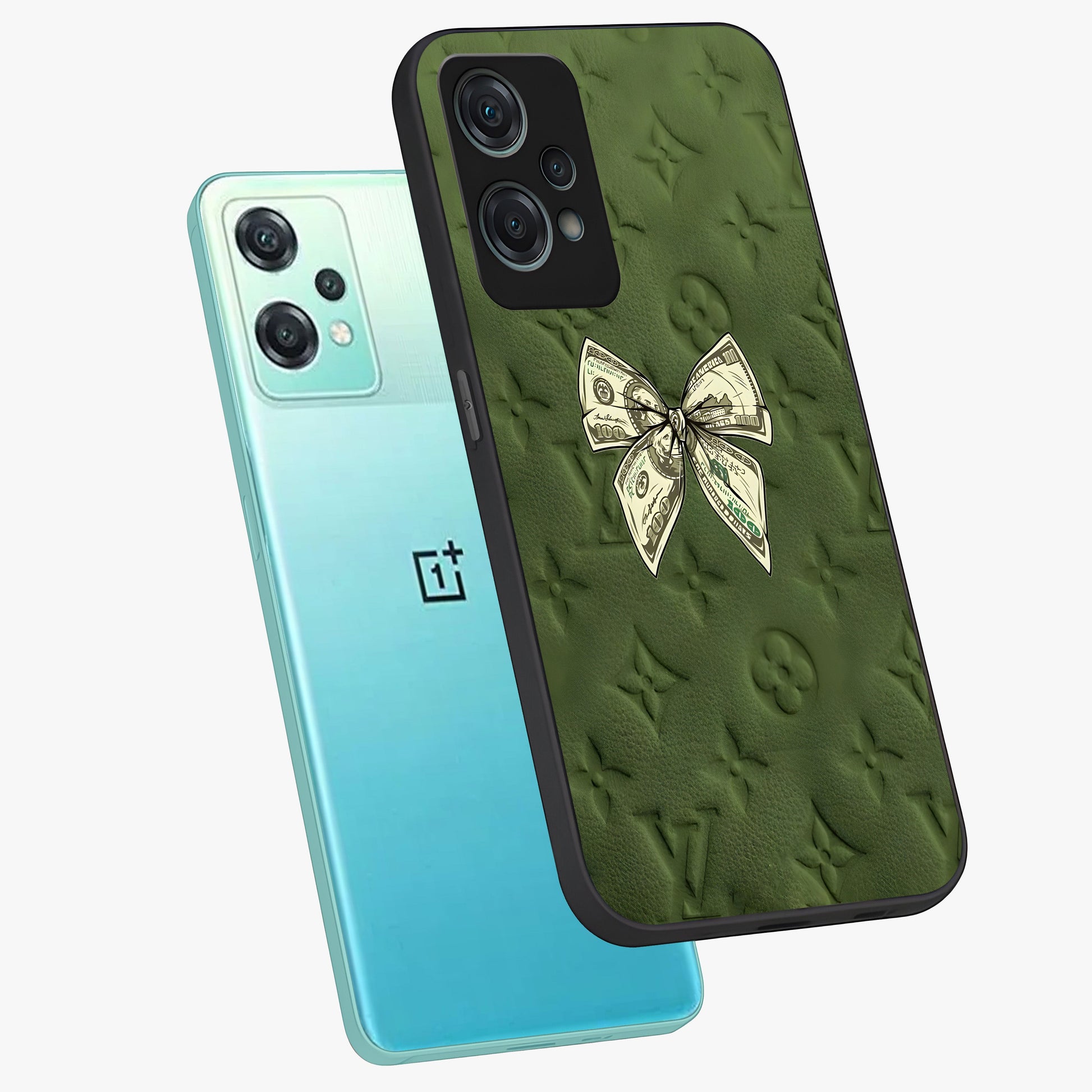 Money Bow Lv Glass Case for 1+Nord Ce 2 Lite angled mockup showcasing glossy finish and premium aesthetic detailing