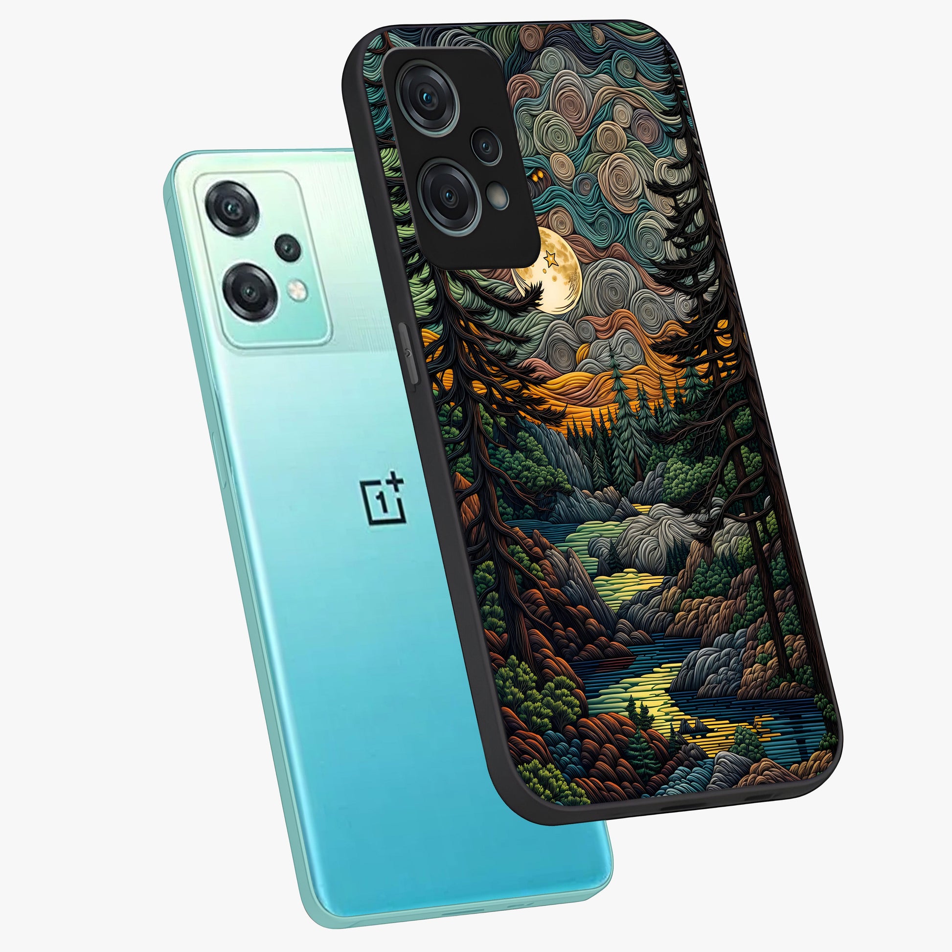 Moonlight Forest Dream Glass Case for 1+Nord Ce 2 Lite angled mockup showcasing glossy finish and deep night gradients
