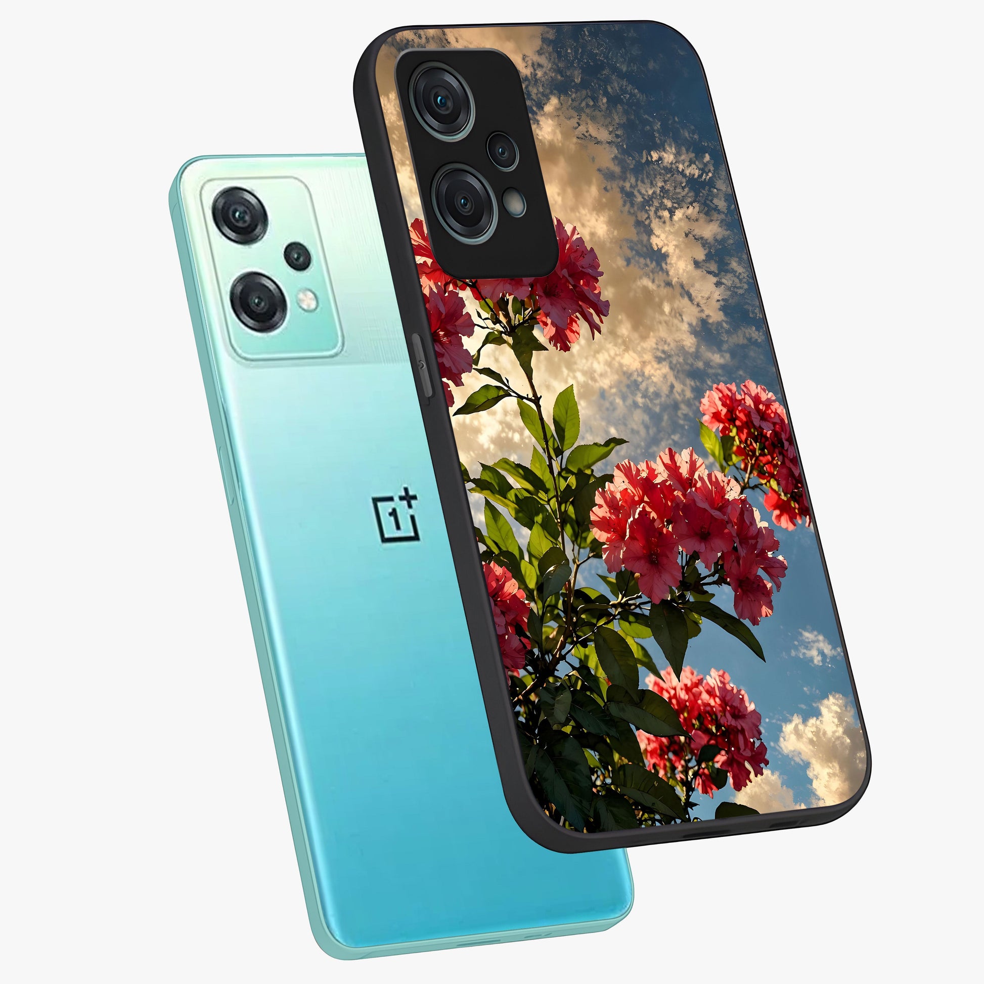 Moonlit Blossom Charm Glass Case for 1+Nord Ce 2 Lite angled mockup showcasing glossy glass finish and delicate bloom detailing