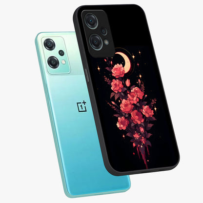 Moonlit Floral Elegance Glass Case for 1+Nord Ce 2 Lite angled mockup showcasing glossy finish and rich night tones
