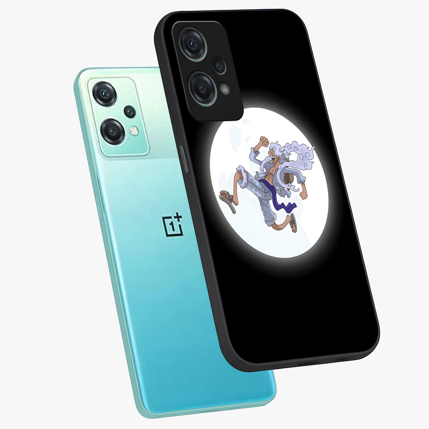 Moonlit Freedom Dance Glass Case for 1+Nord Ce 2 Lite angled mockup showcasing glossy finish and flowing night gradients