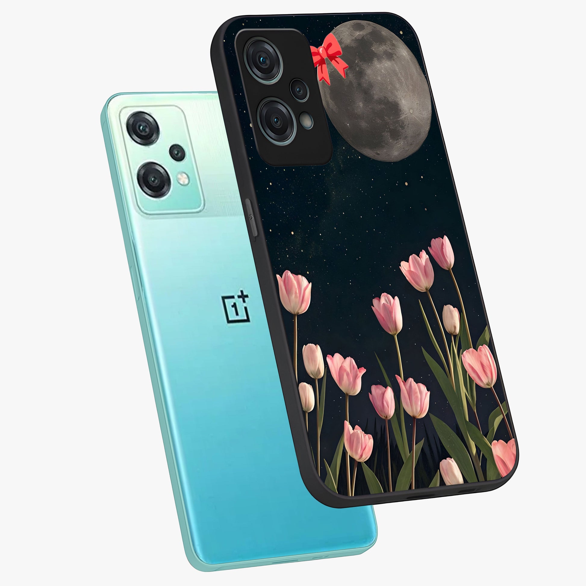 Moonlit Night Tulip Glass Case for 1+Nord Ce 2 Lite angled mockup showcasing glossy finish and soft luminous accents