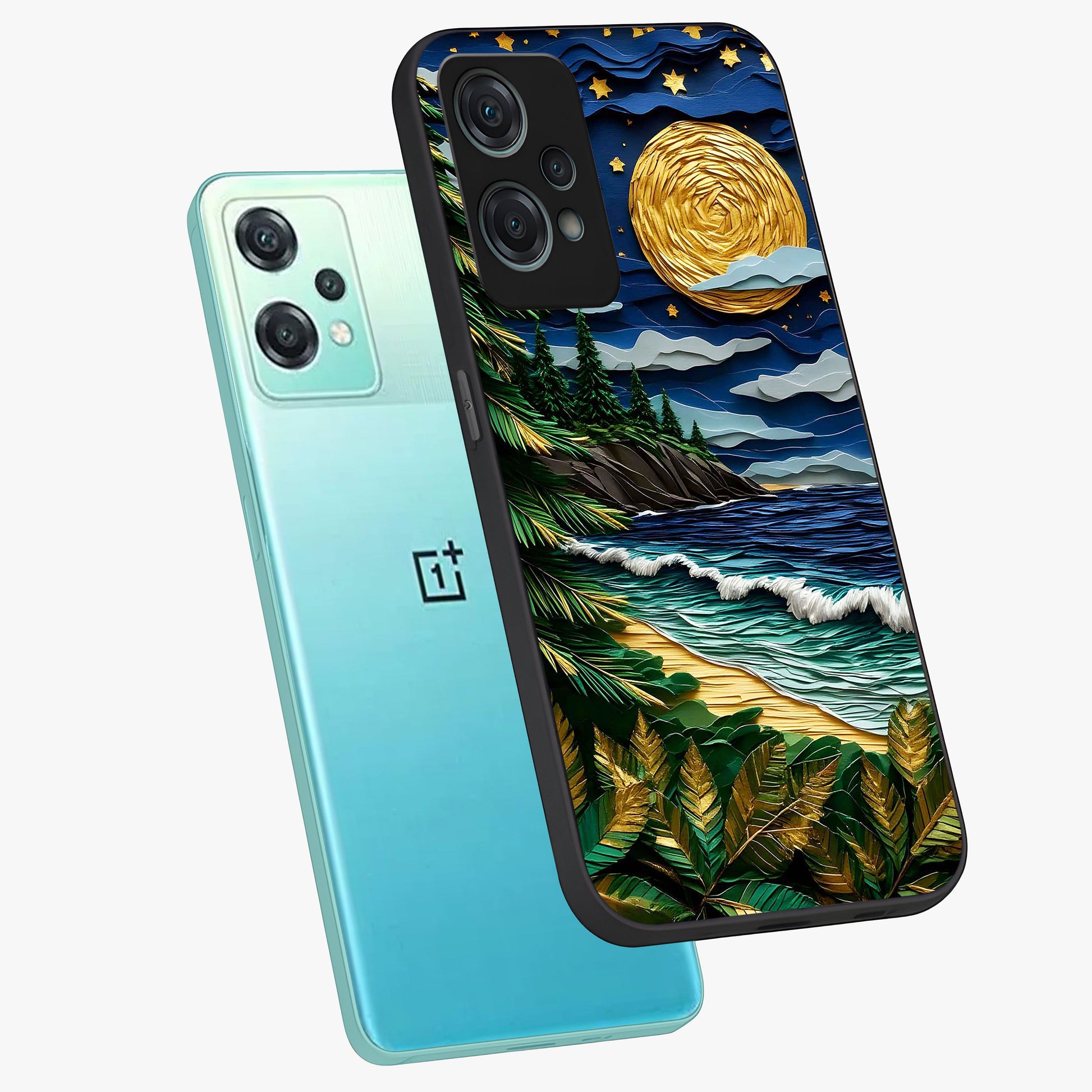 Moonlit Ocean Pines Glass Case for 1+Nord Ce 2 Lite angled mockup showcasing glossy finish and deep blue gradients