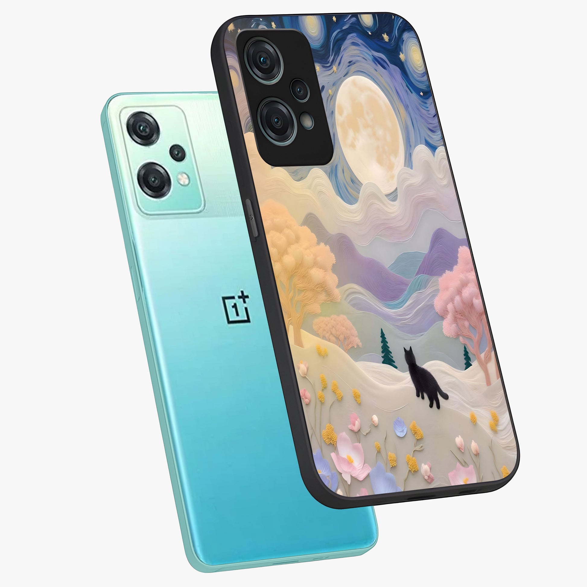 Moonlit Petal Path Glass Case for 1+Nord Ce 2 Lite angled mockup showcasing glossy finish and dreamy gradient tones