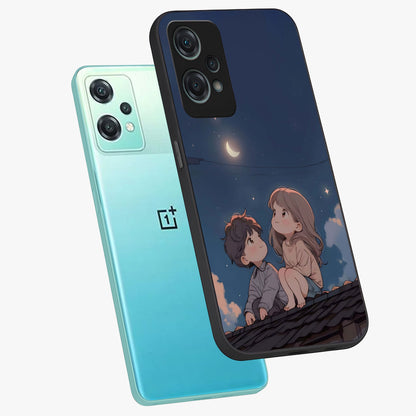 Moonlit Promise Together Glass Case for 1+Nord Ce 2 Lite angled mockup showcasing glossy finish and soft emotional detailing