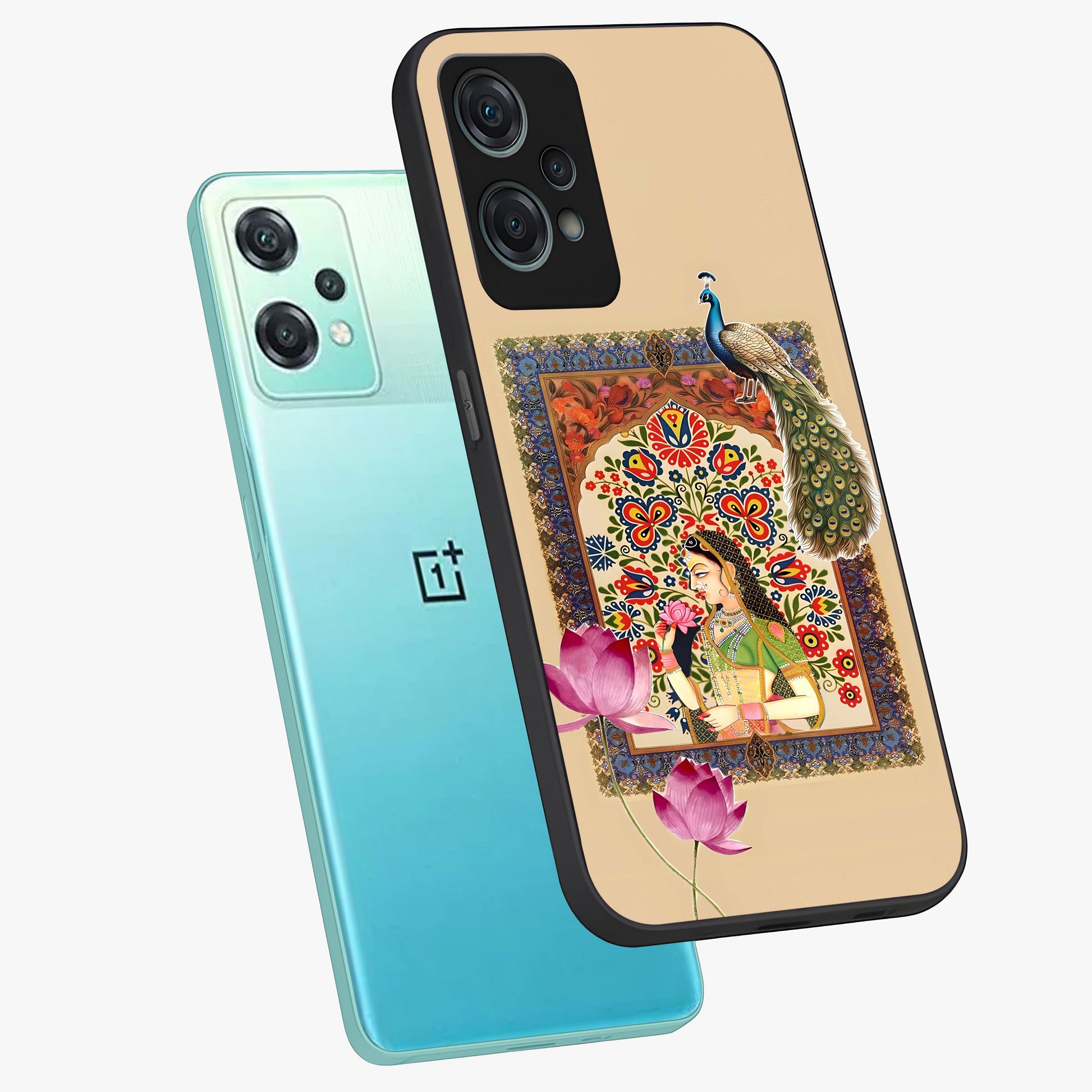 Mughal Princess and Peacock Glass Case for 1+Nord Ce 2 Lite angled mockup showcasing glossy finish and rich heritage tones