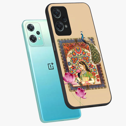 Mughal Princess and Peacock Glass Case for 1+Nord Ce 2 Lite angled mockup showcasing glossy finish and rich heritage tones