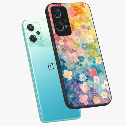 Multiple Background With Flower Glass Case for 1+Nord Ce 2 Lite angled mockup showcasing glossy glass finish and colorful detailing