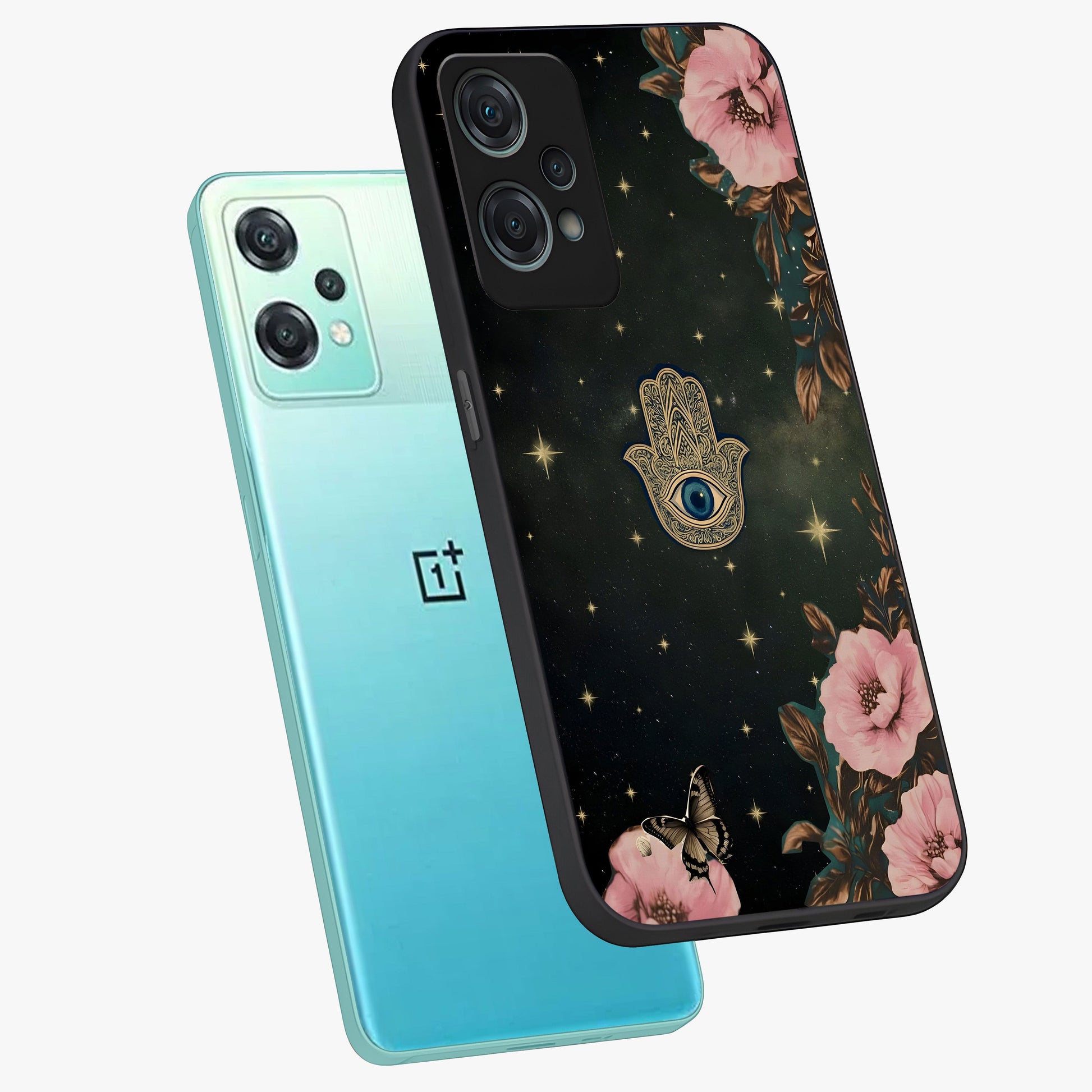Mystic Bloom Protection Glass Case for 1+Nord Ce 2 Lite angled mockup showcasing glossy finish and vibrant spiritual tones