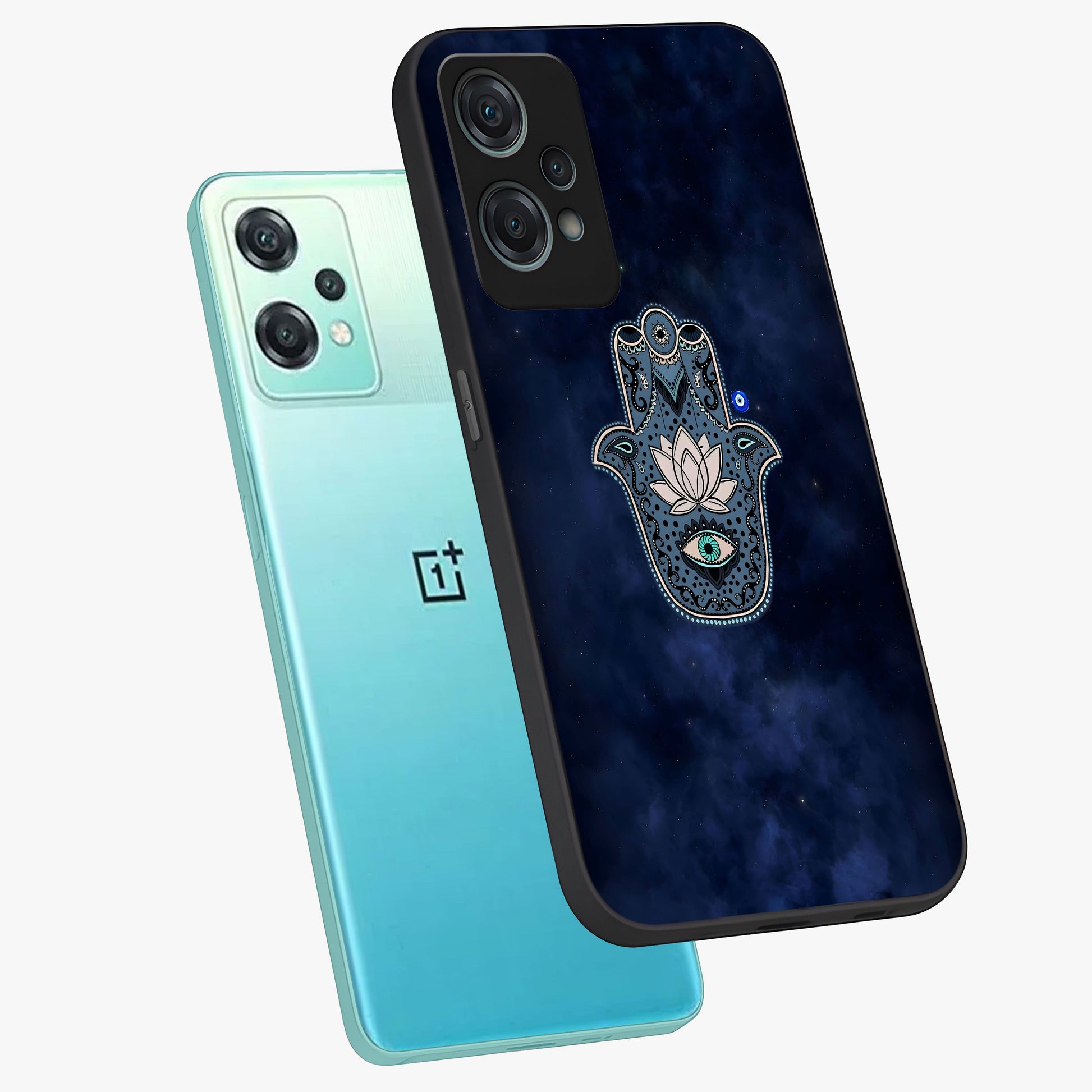 Mystic Calm Shield Glass Case for 1+Nord Ce 2 Lite angled mockup showcasing glossy finish and subtle mystical detailing
