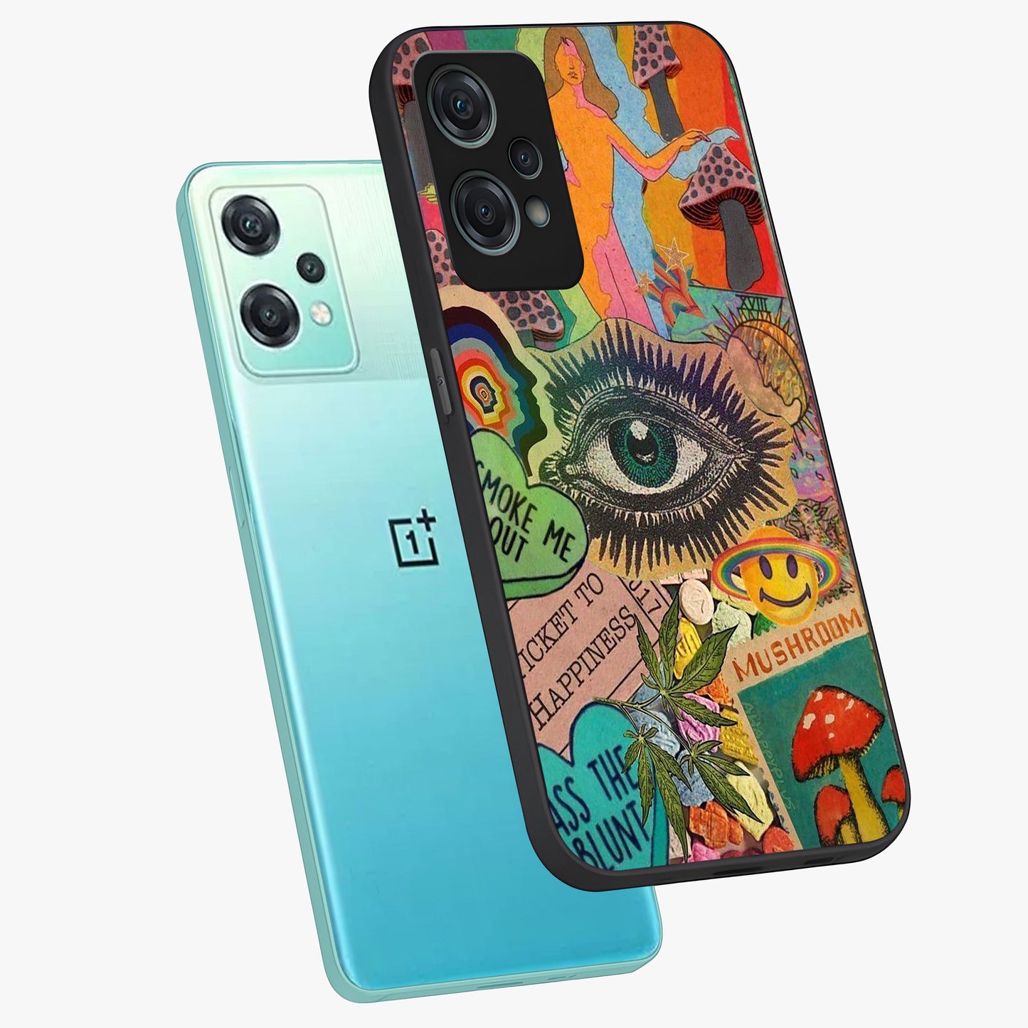 Mystic Eye Wonderland Glass Case for 1+Nord Ce 2 Lite angled mockup showcasing glossy finish and vibrant cosmic tones