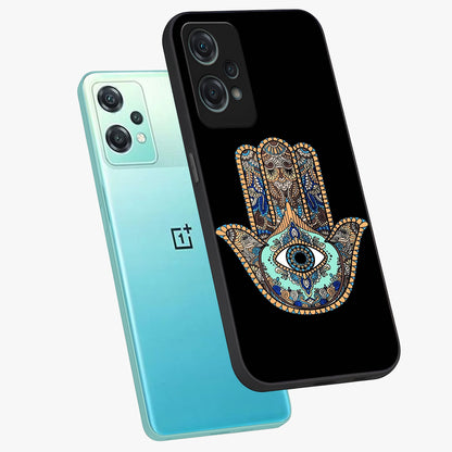 Mystic Hamsa Eye Glass Case for 1+Nord Ce 2 Lite angled mockup showcasing glossy finish and protective design elements