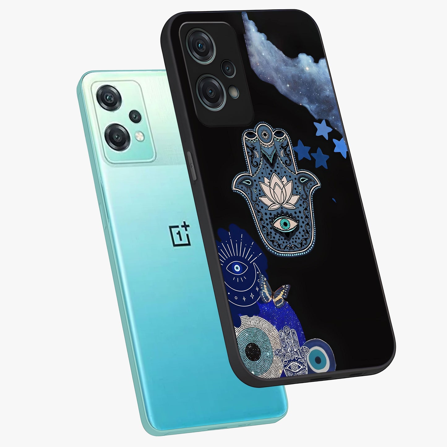 Mystic Hand Aura Glass Case for 1+Nord Ce 2 Lite angled mockup showcasing glossy finish and radiant mystical detailing