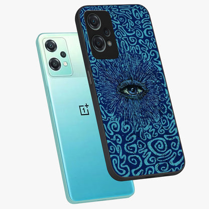 Mystic Inner Eye Glass Case for 1+Nord Ce 2 Lite angled mockup showcasing glossy finish and deep cosmic gradients