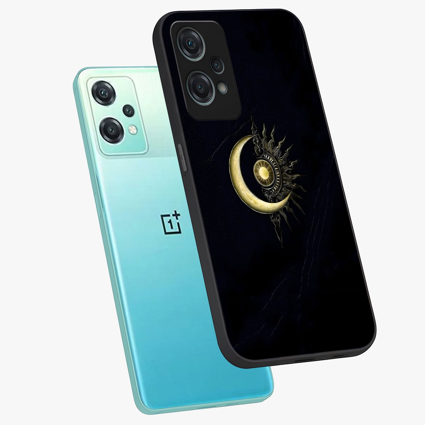 Mystic Lunar Flame Glass Case for 1+Nord Ce 2 Lite angled mockup showcasing glossy finish and glowing night tones