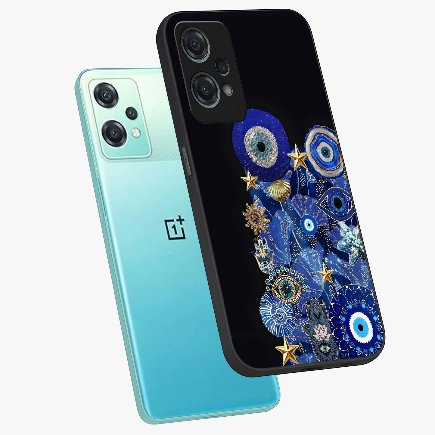 Mystic Ocean Eye Glass Case for 1+Nord Ce 2 Lite angled mockup showcasing glossy finish and fluid wave detailing