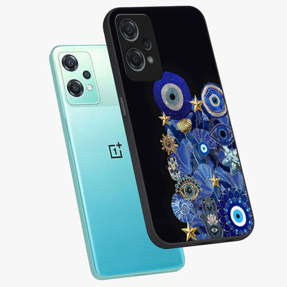 Mystic Ocean Eye Glass Case for 1+Nord Ce 2 Lite angled mockup showcasing glossy finish and fluid wave detailing