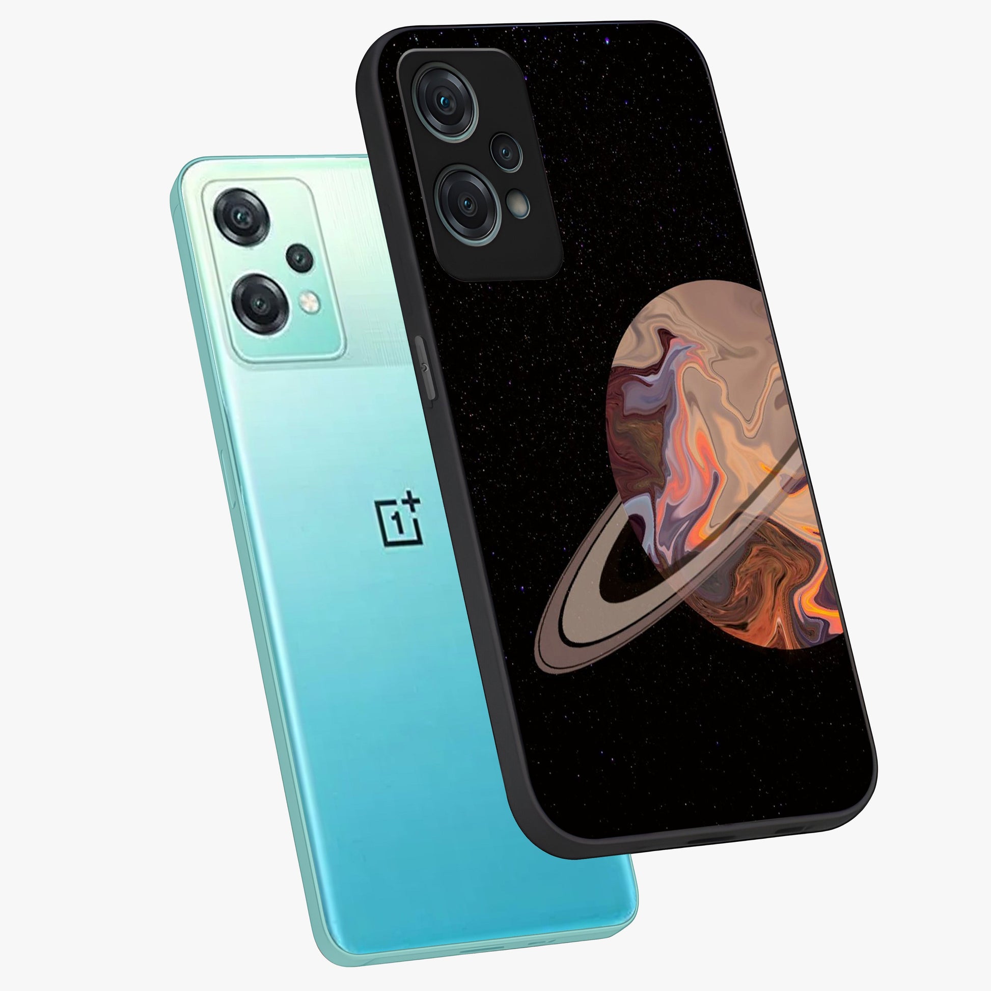 Mystic Saturn Aesthetic Glass Case for 1+Nord Ce 2 Lite angled mockup showcasing glossy finish and deep space gradients