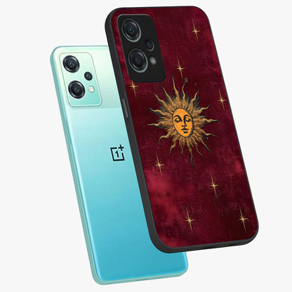 Mystic Solar Glow Glass Case for 1+Nord Ce 2 Lite angled mockup showcasing glossy glass finish and warm golden tones