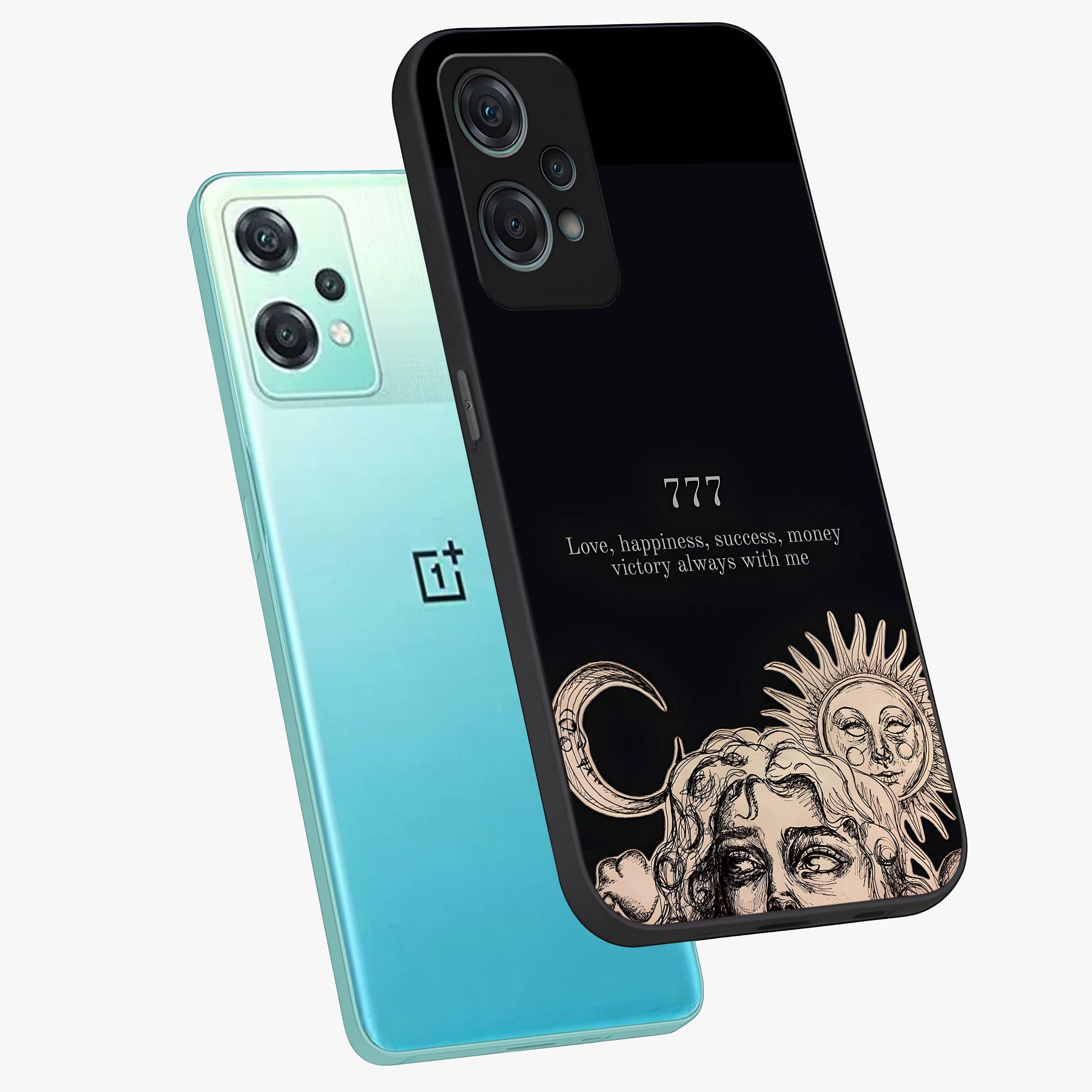 Mystic Victory Aura Glass Case for 1+Nord Ce 2 Lite angled mockup showcasing glossy finish and vibrant mystical gradients