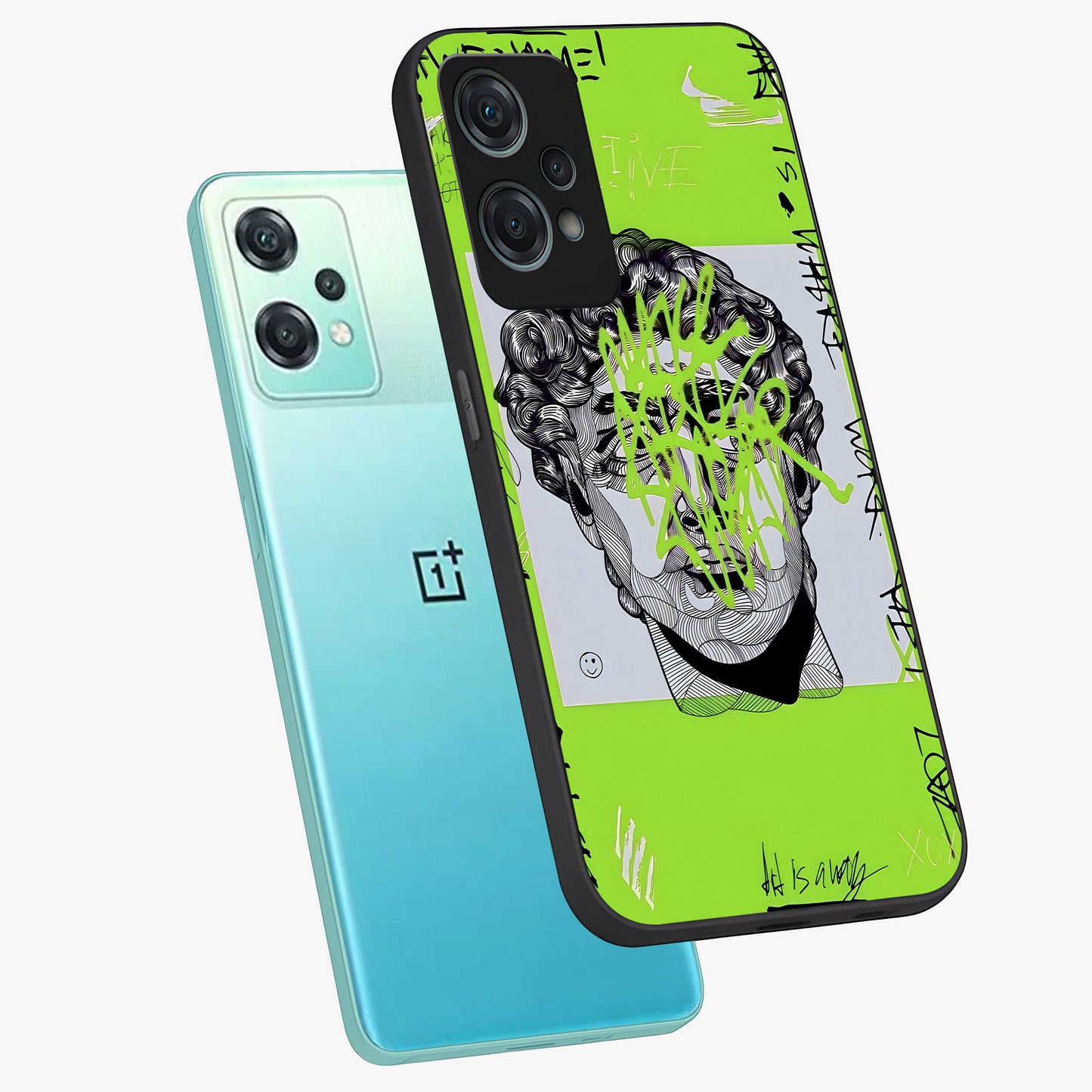 Neo Graffiti Rebellion Glass Case for 1+Nord Ce 2 Lite angled mockup showcasing glossy finish and urban neon detailing