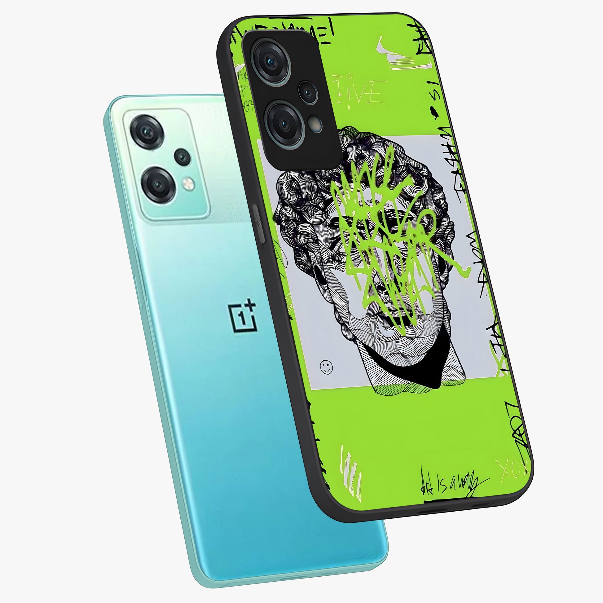 Neo Graffiti Rebellion Glass Case for 1+Nord Ce 2 Lite angled mockup showcasing glossy finish and urban neon detailing