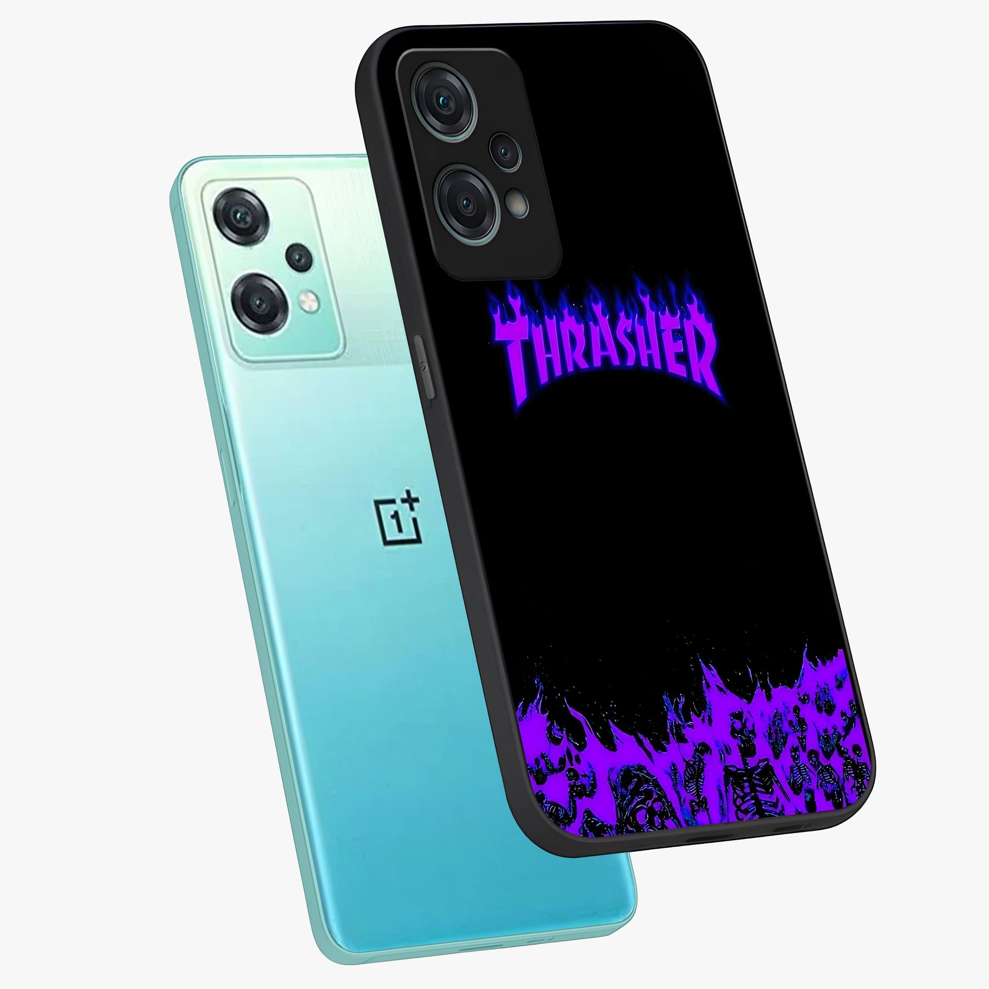 Neon Flame Riot Glass Case for 1+Nord Ce 2 Lite angled mockup showcasing glossy finish and high contrast colors