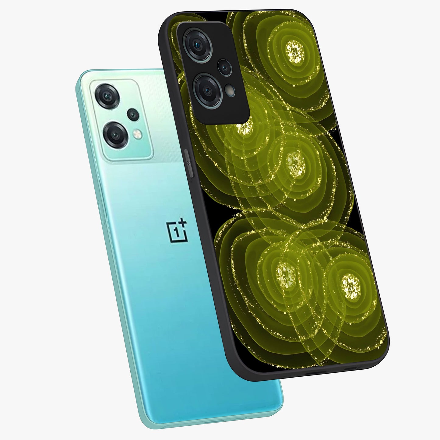 Neon Orbit Bloom Marble Glass Case for 1+Nord Ce 2 Lite angled mockup showcasing glossy finish and vibrant bloom detailing