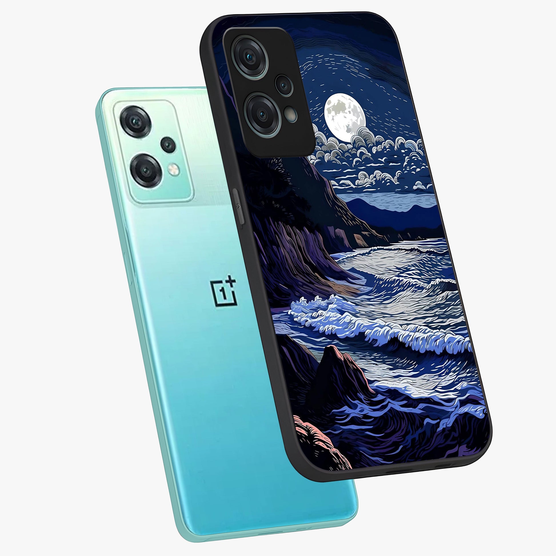 Night Moon Scenery Pattern Glass Case for 1+Nord Ce 2 Lite angled mockup showcasing glossy finish and deep night tones