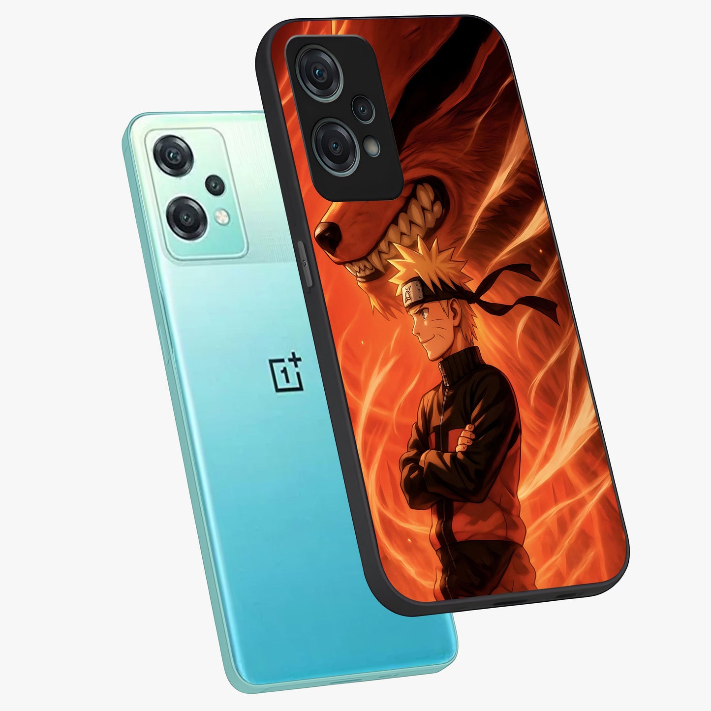 Nine Tails Legacy Glass Case for 1+Nord Ce 2 Lite angled mockup showcasing glossy finish and dramatic fiery tones