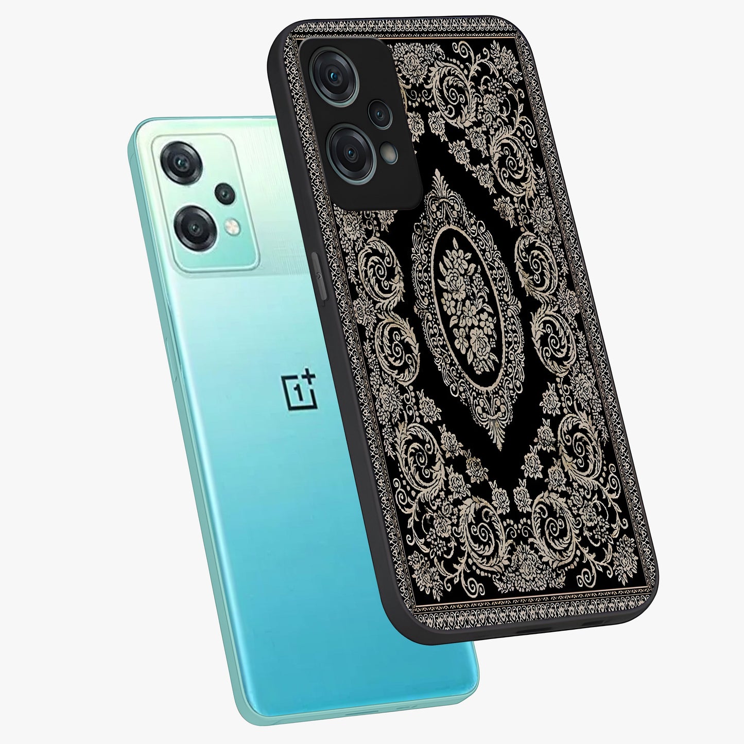 Noir Bloom Elegance Glass Case for 1+Nord Ce 2 Lite angled mockup showcasing glossy finish and refined bloom detailing