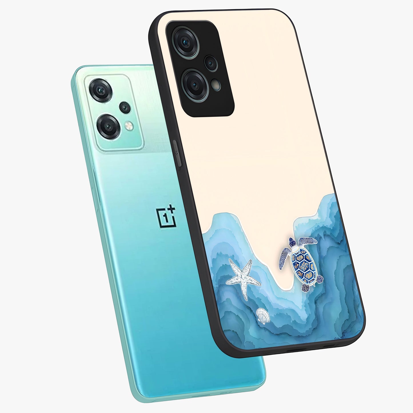 Ocean Drift Turtle Glass Case for 1+Nord Ce 2 Lite angled mockup showcasing glossy glass finish and fluid wave detailing