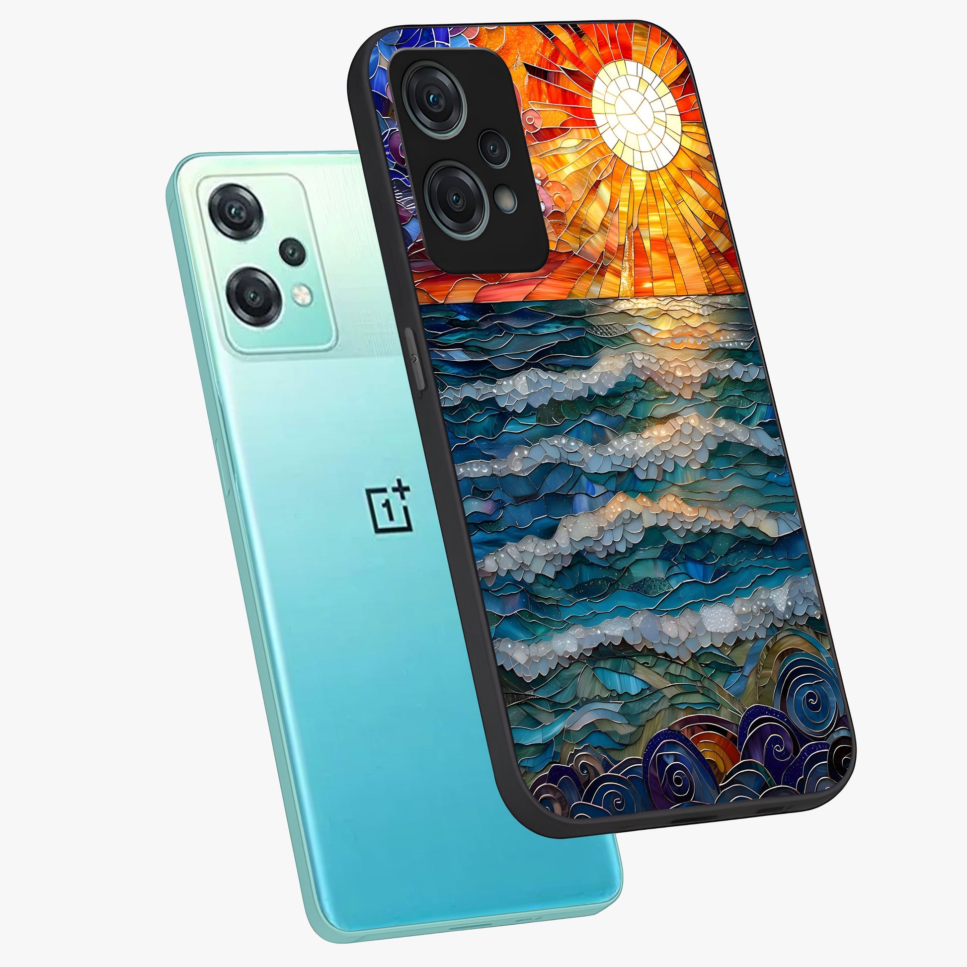 Oceanic Stained Printed Glass Case for 1+Nord Ce 2 Lite angled mockup showcasing glossy finish and rich aquatic tones