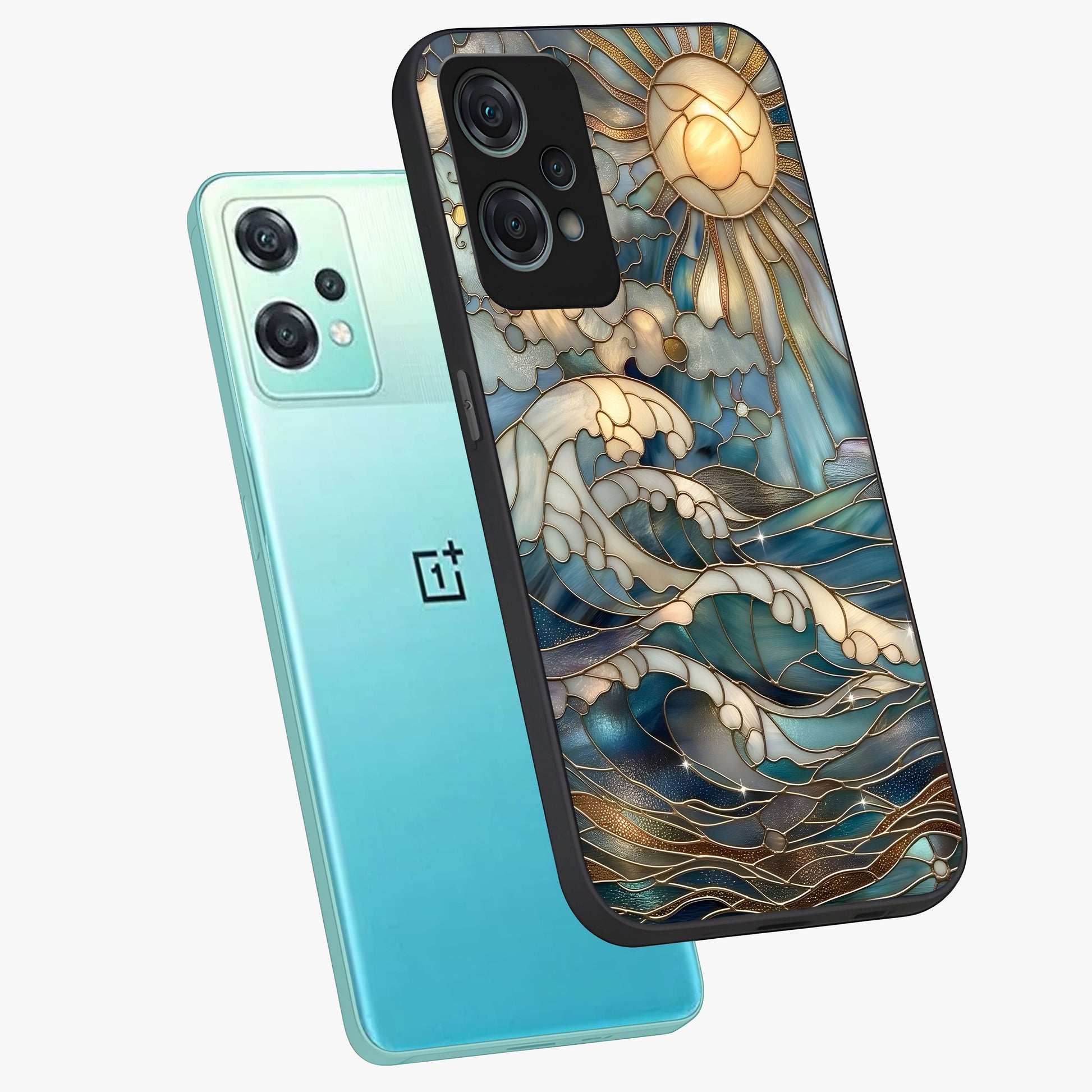 Ocean Mosaic Art Glass Case for 1+Nord Ce 2 Lite angled mockup showcasing glossy finish and vibrant blue detailing