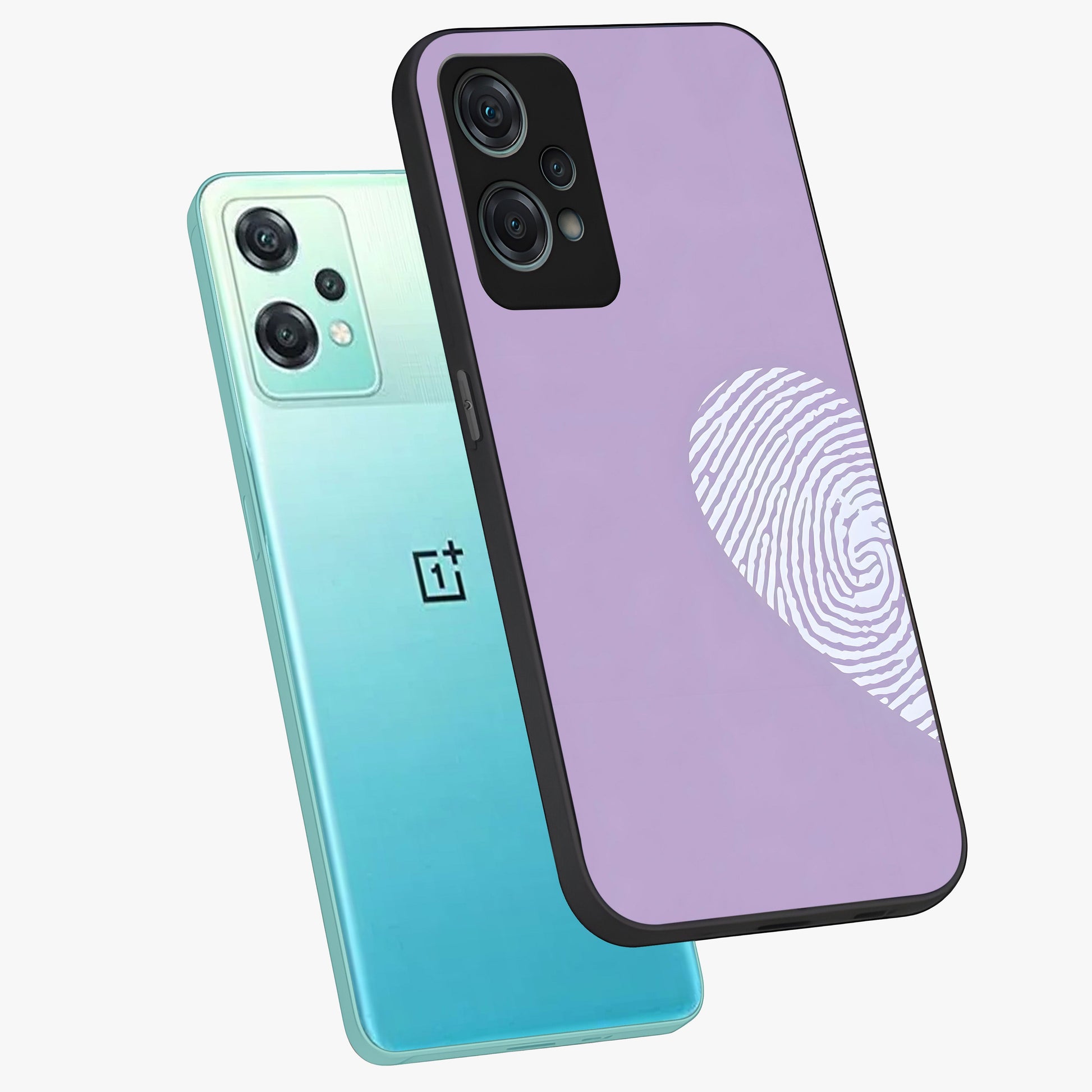 One Heart Identity Glass Case for 1+Nord Ce 2 Lite angled mockup showcasing glossy finish and bold minimalist tones